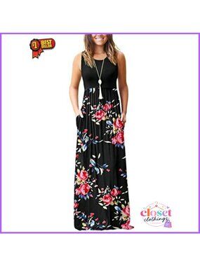 Sleeveless Maxi Dress with Pockets Floral Damask Print Casual